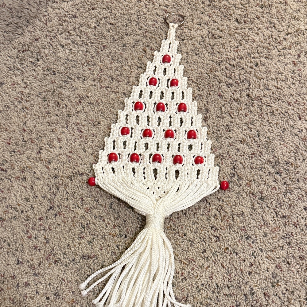 Handcrafted Christmas Tree White and Red Macrame Wall Hanging